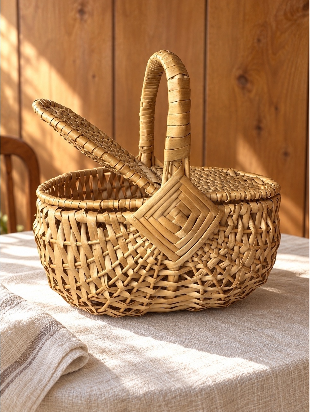 Vintage Woven Wicker Picnic Basket With Two Opening Lids and Wrapped Handle